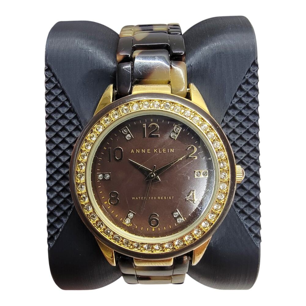 Anne Klein Womens Watch Tortoise Shell Gold Tone Crystal Bezel Brown Dial